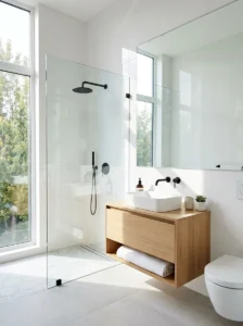Glossy light tiles brightening a small bathroom.
