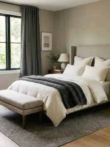 Modern bedroom with coordinated neutral bedding, curtains, throw, and textured rug.