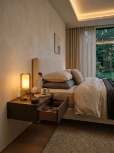 Modern bedroom with discreet smart lighting and hidden charging technology.