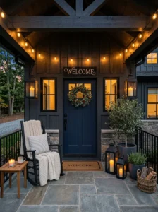 Decorative lanterns creating cozy porch lighting.