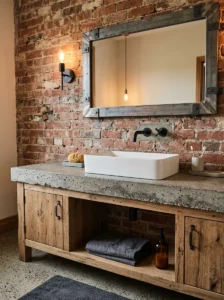 Industrial bathroom vanity with a raw concrete countertop and matte black fixtures.