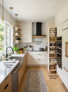 Kitchen with organized cooking and prep zones.