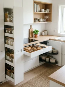 Kitchen with smart storage and pull-out organization.