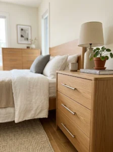Minimalist bedroom with clutter-free furniture surfaces.
