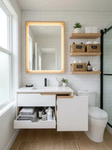 White bathroom with hidden storage solutions.
