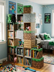 Minecraft block bookshelf built from painted cube storage.