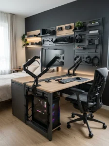 Modular gamer bedroom with adjustable desk, monitor arms and flexible wall storage.