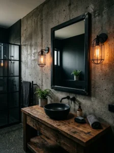 Industrial bathroom illuminated by warm cage-style exposed bulb sconces.