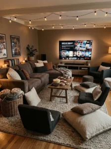 TV room with oversized floor cushions providing flexible seating for larger movie nights.