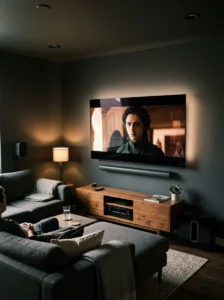 TV room with a soundbar, wireless subwoofer, and rear speakers for immersive movie audio.