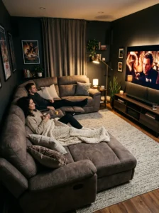 TV room with a comfortable reclining sectional and chaise for movie nights.