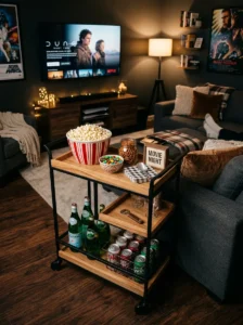 Mobile movie night snack cart with popcorn, drinks, and reusable serving bowls