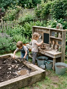 DIY mud kitchen with a dedicated mud-making station.