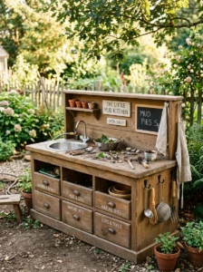 Mud kitchen built from a repurposed wooden dresser with storage drawers.