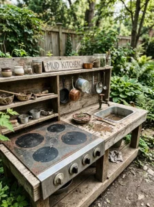 Mud kitchen with realistic painted stove burners and play cooking area.