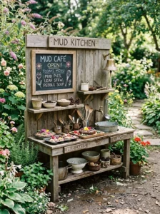 Mud kitchen featuring a mounted bell for imaginative outdoor play.