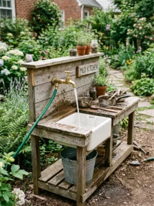 Mud kitchen with a working outdoor water source connected to the sink.