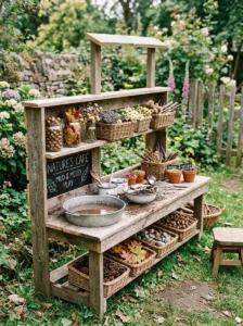 DIY mud kitchen with a dedicated mud-making station.