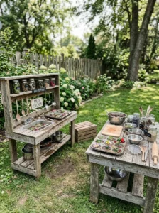 Mud kitchen with baskets of natural loose parts for sensory play.