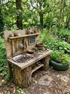 Rustic mud kitchen built around natural tree stumps.