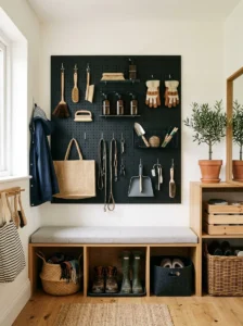 Pegboard wall organizing cleaning and household supplies.