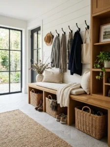 Built-in mudroom bench with hidden storage baskets.