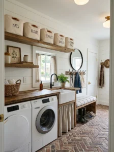 Labeled baskets organizing mudroom accessories.