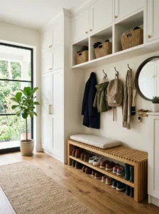 hoe storage bench keeping entryway shoes organized.