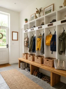 Built-in family cubbies keeping coats, shoes, and backpacks organized.