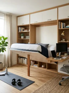Multifunctional room with a Murphy bed and integrated wall storage.