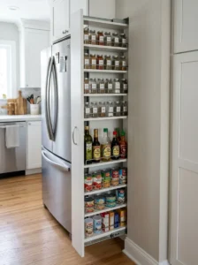 Narrow pull-out kitchen pantry storing spices, oils, and canned goods.
