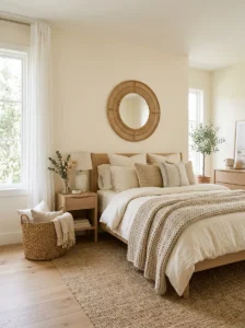 Layered neutral bedroom in ivory, oatmeal, tan, and light wood tones.