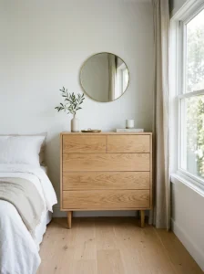 Slim oak dresser inside a minimalist bedroom.