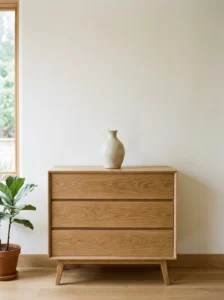 Minimalist bedroom furniture with matching brushed metal hardware.