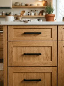 Light wood kitchen cabinets with simple matte black bar pulls.