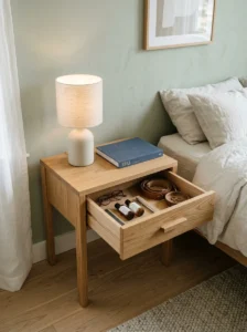 Minimalist nightstand with hidden drawer storage.