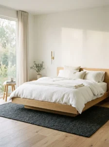 Minimalist bedroom featuring a clean-lined oak platform bed.