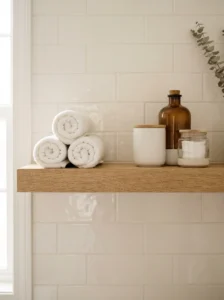 Bathroom shelf styled with decorative items grouped in threes at varied heights.