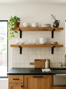 Rustic modern kitchen with natural wood open shelves and curated neutral dishware.