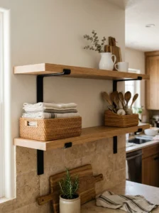 Rustic modern kitchen shelves using woven baskets for functional storage.