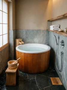 Deep Japanese ofuro-style soaking tub surrounded by warm wood and soft gray stone.
