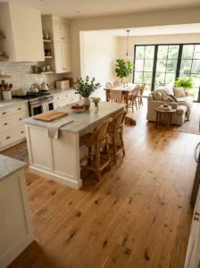 Open-concept kitchen with warm engineered hardwood flooring.