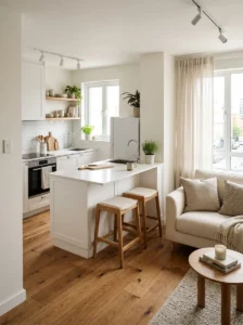 Small open concept apartment using a kitchen peninsula instead of an island.
