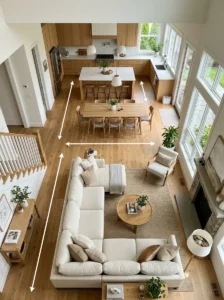 Open concept home with clear walking paths connecting kitchen, dining, and living areas.
