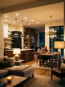 Open concept home with independent layered lighting across kitchen, dining, and living spaces.