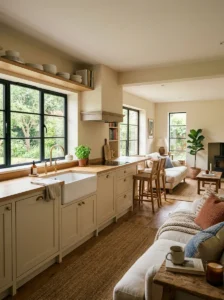 Small open concept apartment using a kitchen peninsula instead of an island.