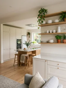 pen kitchen balancing decorative open shelving with hidden cabinet storage.