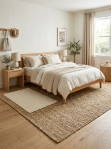 Natural jute bedroom rug layered with a soft bedside rug in a warm organic bedroom.