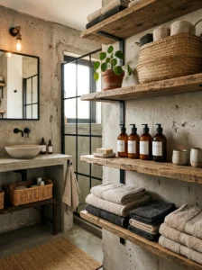 Industrial bathroom with organized open shelving and practical bathroom storage.