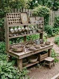 Mud kitchen stocked with old muffin tins and baking trays for pretend cooking.